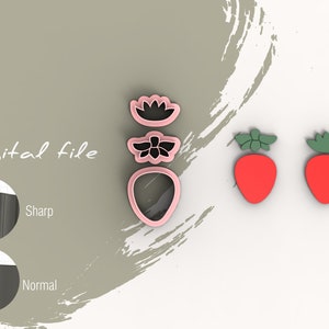 Op de afbeelding: Een set roze en zwarte koekjesuitstekers in de vorm van aardbeien en bloemen. De uitstekers worden getoond op een witte achtergrond. Digitaal bestand.