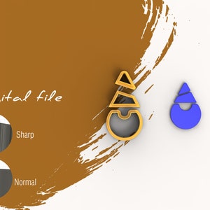 Op de afbeelding: Een digitaal bestand voor een 3D-geprint ontwerp van een geometrische vorm. De vorm bestaat uit een cirkel, een driehoek en een kleinere driehoek. De vorm is goudkleurig. De afbeelding toont ook een blauwe versie van de vorm.