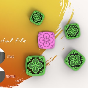 Puede incluir: Cinco archivos digitales para impresión 3D, que muestran diferentes diseños de azulejos cuadrados con un patrón floral. Los azulejos son de color verde y rosa. El texto "Archivo digital" es visible en la imagen.