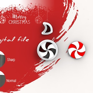 Può includere: File digitale per un set di stampini per biscotti di Natale. Il set include una canna di zucchero, una mezzaluna e un design a spirale. Gli stampini sono bianchi con accenti neri e rossi. L'immagine include anche un primo piano del bordo dello stampino, che mostra un'opzione affilata e un'opzione normale.
