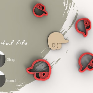 May include: Five baseball helmet cookie cutters, two are red, one is brown, and two are black. The cookie cutters are on a light brown background with a white brushstroke design. The text "Digital file" is written in black on the background.