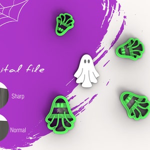 May include: Digital file for a set of four green Halloween cookie cutters shaped like ghosts and a white ghost cookie cutter. The cookie cutters are on a purple background with a white spiderweb.