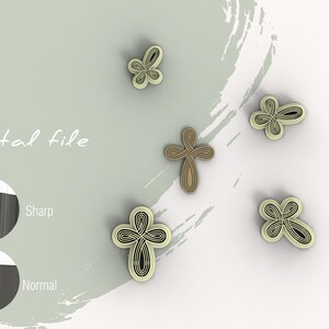 May include: Digital file image showing various decorative cross designs in beige and brown. The crosses have detailed, swirling line patterns. The words "Digital file" are written in a script font. A diagram shows "Sharp" and "Normal" edges.