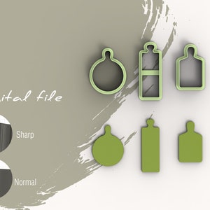 May include: A set of six green plastic cookie cutters in the shapes of a circle, a bottle, a rectangle, and two different sized triangles. The cutters are arranged in two rows on a white background.
