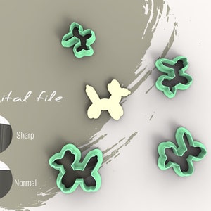 May include: A digital file featuring a balloon dog and butterfly-shaped cookie cutters. The cutters are light green, and the balloon dog is off-white. The words "Digital file" are written in a cursive font. The image also includes a comparison of sharp and normal edges.