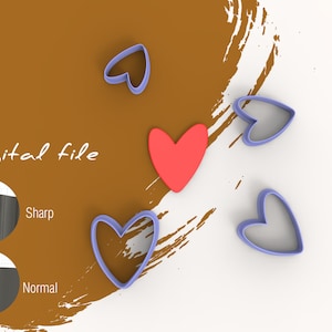 Könnte beinhalten: Digitaler Dateidownload für einen herzförmigen Ausstecher. Das Bild zeigt einen roten herzförmigen Ausstecher und vier lila herzförmige Ausstecher. Das Bild zeigt auch eine Nahaufnahme der Dateiformatoptionen, die "Sharp" und "Normal" sind.