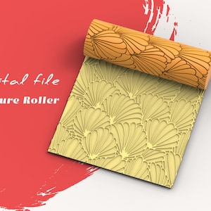 Puede incluir: Archivo digital para un rodillo de textura con un patrón de diseños en forma de abanico superpuestos. El rodillo está parcialmente desenrollado, revelando el patrón en detalle.