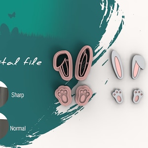Puede incluir: Archivo digital para un conjunto de seis cortadores de galletas. Los cortadores tienen forma de orejas de conejo, patas de conejo y pies de conejo. Las orejas de conejo son rosas, las patas de conejo son rosas y los pies de conejo son grises.