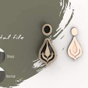 Puede incluir: Un archivo digital para un diseño de pendientes cortado con láser. El diseño es de forma de lágrima con un patrón floral en el interior. El pendiente se muestra en dos versiones: una con un esquema de color blanco y negro y otra con un esquema de color rosa y blanco.