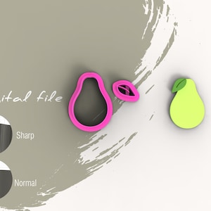 Könnte beinhalten: Eine digitale Datei für einen Ausstecher in Form einer Birne. Der Ausstecher ist rosa und hat einen separaten Blattausstecher. Das Bild zeigt auch einen grünen birnenförmigen Keks.