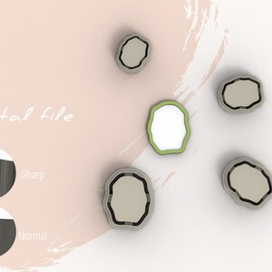 May include: Five different shaped digital files, four are grey with a black outline and one is green with a white outline. The text "Digital file" is written in black on a pink background. The text "Sharp" and "Normal" are written in black on a white background.