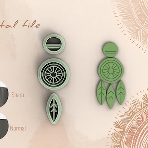 Puede incluir: Un conjunto de cortadores de arcilla polimérica verde para hacer pendientes y joyas. El conjunto incluye varias formas: un círculo con una línea, un diseño circular, una hoja y un diseño de pendiente con círculos, ruedas y hojas. El texto "Digital file" está en la imagen.