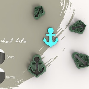 May include: A digital file for a set of five anchor-shaped cookie cutters. Four of the cutters are green and one is light blue. The cutters are shown on a white background with a gray brushstroke effect.