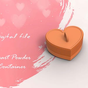 May include: Digital file for a 3D printable heart-shaped powder container. The container is orange and has a small handle on the top.