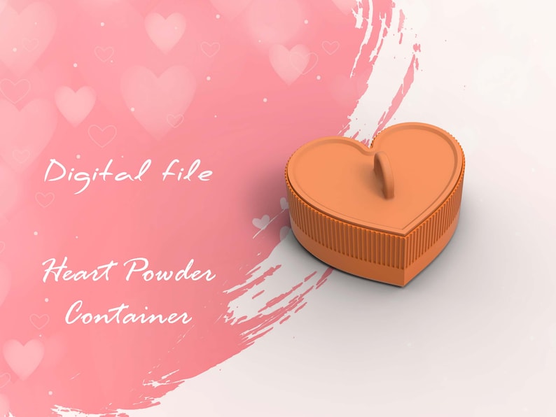 May include: Digital file for a 3D printable heart-shaped powder container. The container is orange and has a small handle on the top.