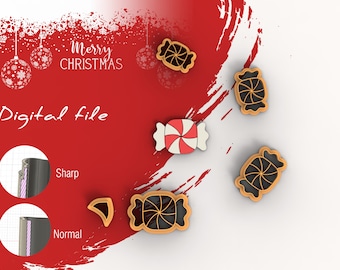May include: Digital file for a set of five candy cane cookie cutters. The cutters are in the shape of a candy cane with a red and white striped design. The cutters are on a white surface with a red background.