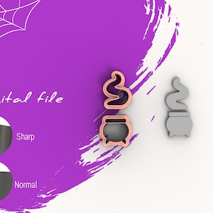 Puede incluir: Un archivo digital para un juego de cortadores de galletas con temática de Halloween. El juego incluye una caldera y un remolino de humo. Los cortadores de galletas se muestran en vista nítida y normal.