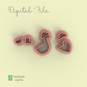 May include: Pink digital file cookie cutters shaped like a boot, a goose wearing a hat, and a heart-shaped object with a hat. The words "Digital File" are written in cursive at the top. The words "Include Bambu studio Files" are at the bottom.