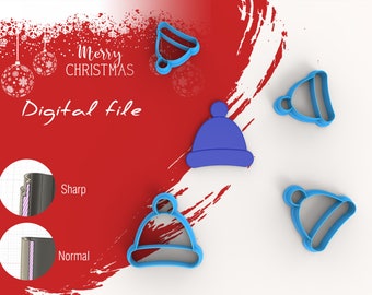 May include: A set of four blue plastic cookie cutters in the shape of a bell and three different styles of winter hats. The text "Merry Christmas" and "Digital File" are visible in the background.