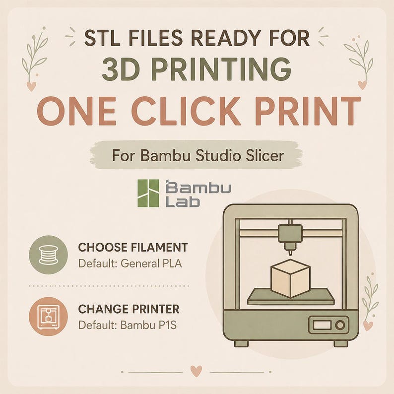 May include: An illustration with text that reads "STL FILES READY FOR 3D PRINTING ONE CLICK PRINT." It also includes a 3D printer graphic and the Bambu Lab logo. The text also says "Choose Filament" and "Change Printer."