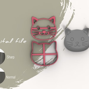 May include: Two pink plastic cat-shaped cookie cutters, one with a detailed face and the other with a grid pattern, and a gray cat-shaped cookie cutter with a simple face.