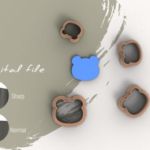 May include: A set of five cookie cutters in the shape of a bear's head. The cutters are made of brown plastic and are arranged on a white surface. The text "Digital file" is visible in the image.