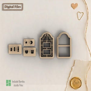 May include: A collection of beige-colored cookie cutters in various shapes, including a window, rectangles, and geometric designs. The words "Digital Files" are in a rectangular frame. The words "Include Bambu studio Files" are also visible.