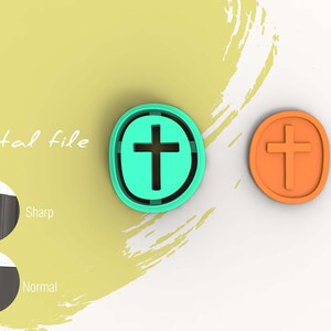 May include: A digital file for a 3D printed cookie cutter in the shape of a cross. The cutter is shown in two views: one with a teal blue color and the other with an orange color.