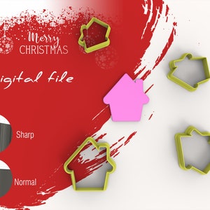 以下が含まれることがあります： 白と赤の背景に、黄色の家型のクッキーカッターが4つセットになっています。赤い背景には、「メリークリスマス」と「デジタルファイル」の文字が見えます。画像には、クッキーカッターの端のクローズアップも表示されており、シャープとノーマルのオプションが強調されています。