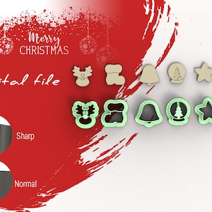 Op de afbeelding: Een set van 8 kerstkoekjesvormen in verschillende vormen, waaronder een rendier, een laars, een bel, een ornament en een ster. De vormen zijn gemaakt van lichtgroen plastic en zijn gerangschikt in twee rijen op een witte achtergrond. De tekst "Merry Christmas" is geschreven in rood en wit op een rode achtergrond.