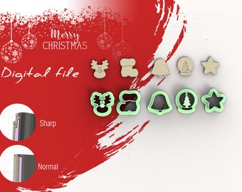 May include: A set of 8 Christmas cookie cutters in various shapes, including a reindeer, boot, bell, ornament, and star. The cutters are made of a light green plastic and are arranged in two rows on a white background. The text "Merry Christmas" is written in red and white on a red background.
