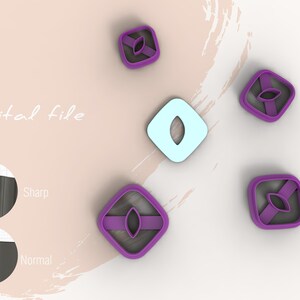 May include: Five cookie cutters in the shape of a diamond with a leaf design inside. The cutters are purple and blue. The image shows the different file types available for download.