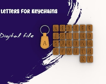 May include: A digital file of leather keychain letters in brown. The letters are arranged in alphabetical order. The letters are for keychains. The image also shows a leather keychain with the letter A.