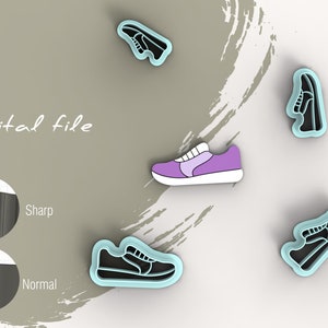 May include: Digital file for a set of five sneaker cookie cutters. The cutters are in various colours, including black, white, purple, and light blue. The cutters are shown against a light grey background.