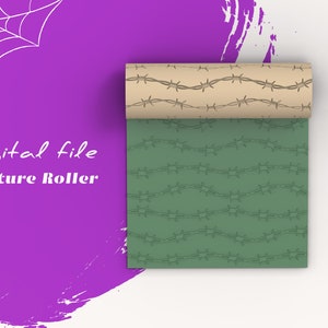 May include: Digital file for a texture roller with a barbed wire pattern. The roller is rolled up and shows two different colour variations of the pattern: beige and green.