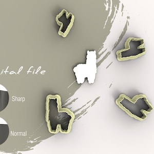 May include: A digital file for a set of five cookie cutters in the shape of llamas. The cutters are in various sizes and orientations. The image shows a close-up of the cutters on a white surface. The text "Digital file" is visible in the image.