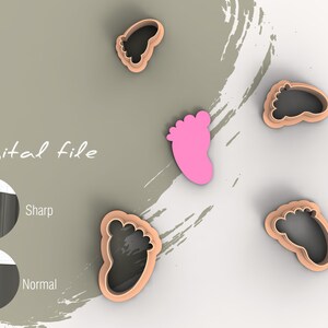May include: Digital file for a baby foot cookie cutter. The image shows four cookie cutters in brown and one in pink. The cookie cutters are shown on a light brown background with a white brushstroke effect.