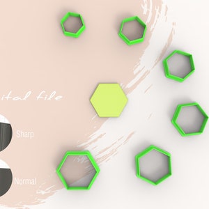 May include: Digital file for a set of six green hexagon cookie cutters. The cutters are arranged on a white surface with a light pink background. The text "Digital file" is written in black on the background.