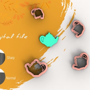May include: Digital file for a teapot cookie cutter. The image shows five cookie cutters in different colors and angles. The text "Digital file" is visible in the image. The image also shows a close-up of the cookie cutter's edge, with the words "Sharp" and "Normal" to indicate the sharpness of the cutter.
