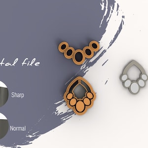 May include: Three digital files for a necklace design. The design features a curved line of circles with a larger circle in the center. The design is shown in three different colors: black, orange, and silver.