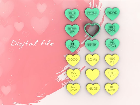 Valentine Heart Stamp Polymer Clay Cutter Digital STL File 5 Sizes 2 Cutter  Versions 8 Stamps 