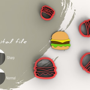 Puede incluir: Archivo digital para un conjunto de cinco cortadores de galletas de plástico rojo con forma de hamburguesas. Los cortadores incluyen una hamburguesa simple con lechuga, tomate y queso, y cuatro hamburguesas apiladas.