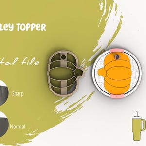 Puede incluir: Un archivo digital para un topper de tapa de taza Stanley con forma de calabaza impreso en 3D. La imagen muestra el diseño del archivo STL y una vista previa del producto terminado. El texto "Stanley Topper" es visible en la parte superior de la imagen.