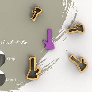 May include: Digital file for a set of four cookie cutters shaped like bongs. The cutters are in gold and purple. The image shows the different cutting edges, labeled "Sharp" and "Normal".