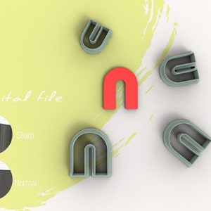 Könnte beinhalten: Ein Satz von fünf Ausstechern in Form des Buchstabens "U". Vier der Ausstecher sind grau und einer ist rot. Die Ausstecher sind auf einer weißen Oberfläche mit gelbem Hintergrund angeordnet.
