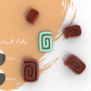 Puede incluir: Descarga de archivo digital de cinco cortadores de galletas. Cuatro cortadores de galletas son rojos con un diseño en espiral. Un cortador de galletas es azul claro con un diseño en espiral. El texto "Archivo digital" es visible en la imagen.