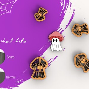 Può includere: Cinque stampini per biscotti a tema Halloween, tra cui un fungo fantasma, un cappello da strega e tre funghi normali. Gli stampini sono arancioni e marroni e si trovano su uno sfondo viola e bianco. Il testo "File digitale" è visibile nell'immagine.