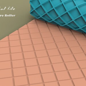 May include: A teal blue textured roller with a square grid pattern is partially rolled over a peach-colored surface with the same square grid pattern. The text "Digital file Texture Roller" is written in black on a green background.