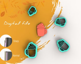 May include: Digital file download for a set of four cookie cutters shaped like a hot chocolate mug with whipped cream. The cutters are turquoise blue and the hot chocolate is brown. The image also shows a close-up of the cutter's edge, showing a sharp and normal option.