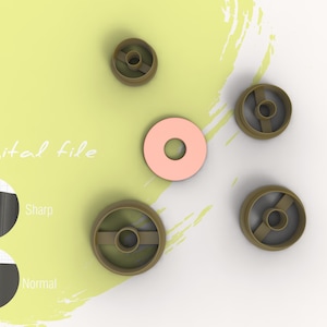 May include: Five cookie cutters in the shape of a donut, with one cutter in pink. The cutters are on a white surface with a yellow background. The text "Digital file" is written in white on the yellow background. Two small images show the difference between a "Sharp" and "Normal" cut.